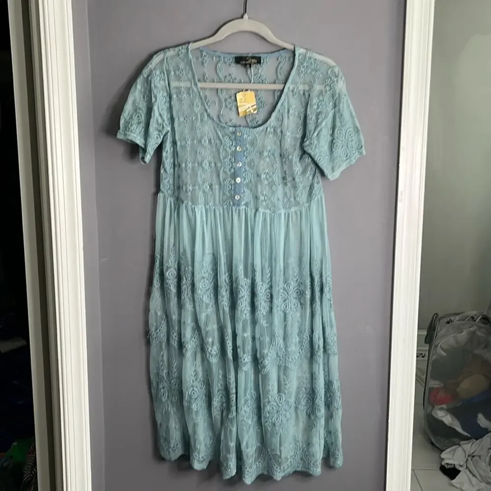 Suzanne Betro Gray Sheer Lace Crochet Long Top Medium
